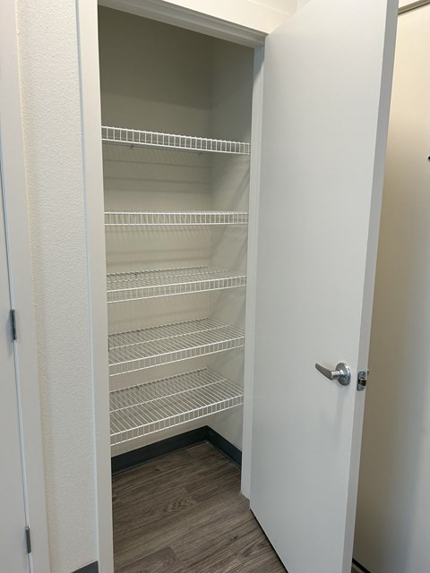 Empty white shelves in a white pantry.