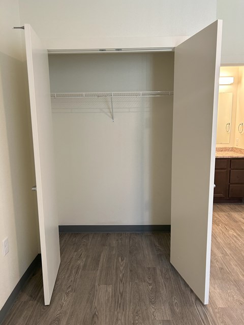 A white closet with a wooden floor and a white door.