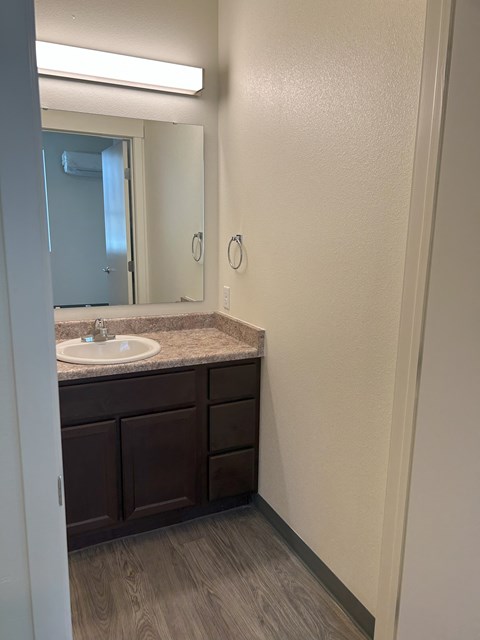 A bathroom with a sink and mirror.