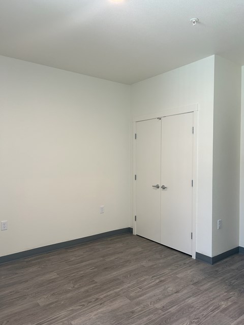 A room with a white door and wooden floor.