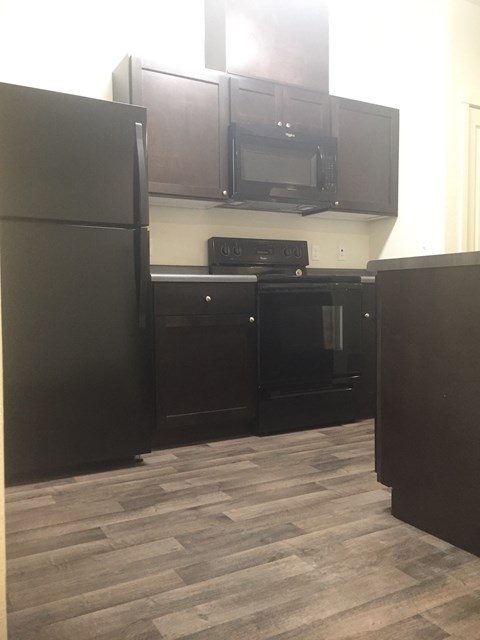 A black refrigerator and microwave in a kitchen.