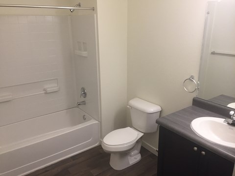 A white toilet sits next to a white bathtub in a small bathroom.
