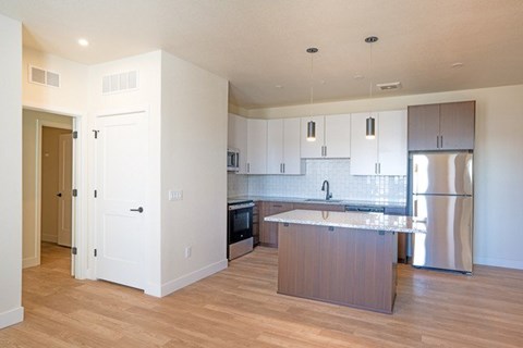 A kitchen with a wooden island and stainless steel appliances.