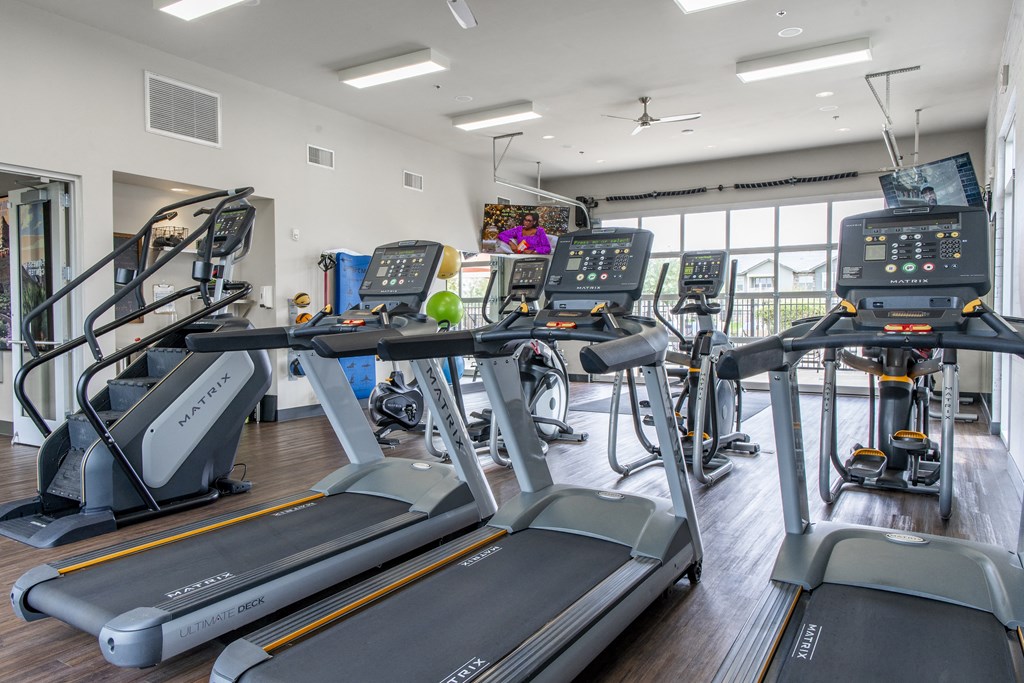 a gym with several treadmills and other cardio equipment