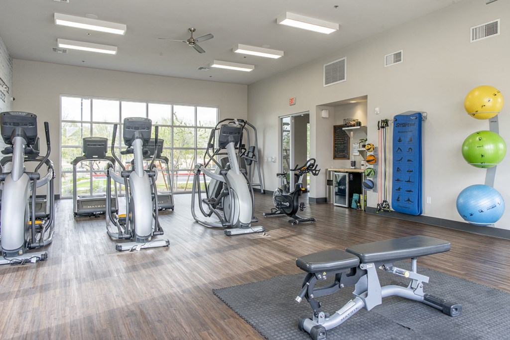 a gym with cardio machines and weights and a window