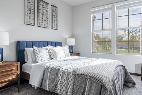 a bedroom with a large bed and two windows