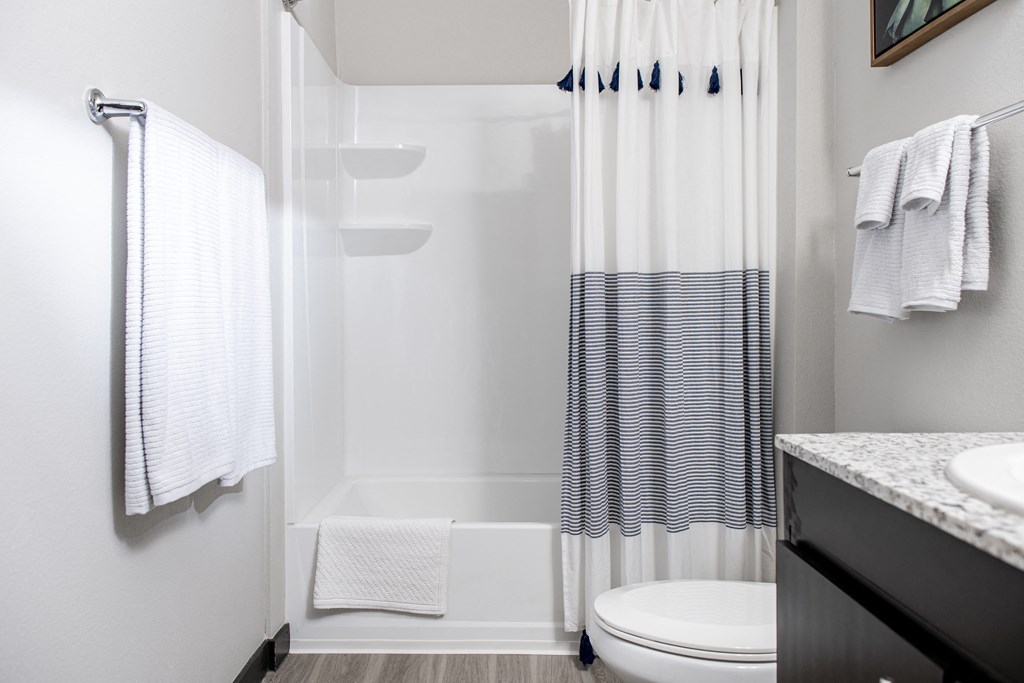 a bathroom with a shower and a sink and a toilet