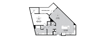 A black and white floor plan of a house with a living room, kitchen, bedroom, and bathroom.