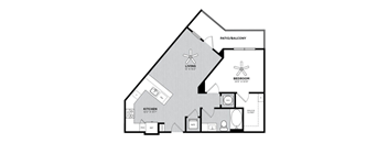 A black and white floor plan of a house with a living room, kitchen, bedroom, and bathroom.