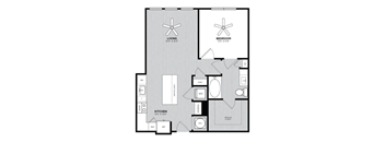 A black and white image of a floor plan for a house with a living room, kitchen, and bedroom.