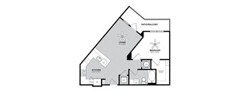 A living room, kitchen, and bedroom are shown in this floor plan.