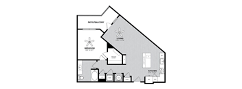 A black and white image of a house floor plan with a living room, kitchen, bedroom, and bathroom.