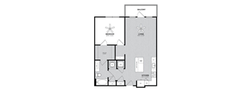 A floor plan of a two-bedroom apartment with a living room, kitchen, and balcony.