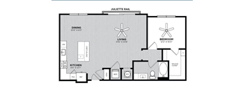 A floor plan of a Juliette Rail apartment with a living room, dining room, kitchen, and bedroom.