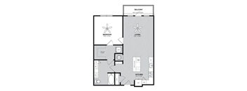 A floor plan of a two-bedroom, one-bathroom apartment in the Balcony building.