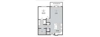 A floor plan of a house with a bedroom, living room, kitchen, and optional patio or balcony.
