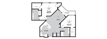 A black and white floor plan of a house with a living room, kitchen, two bedrooms, and a balcony.