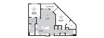 A black and white floor plan of a house with a living room, kitchen, two bedrooms, a master bedroom, and a chef's island.