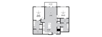 A black and white image of a floor plan for a home with a balcony, three bedrooms, a living room, a kitchen, and a bathroom.