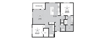 A floor plan of a house with a living room, two bedrooms, a kitchen, and a patio.
