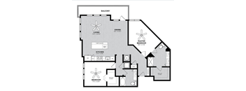 A black and white image of a house floor plan with a balcony, living room, dining room, kitchen, and two bedrooms.