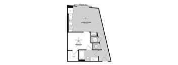 A floor plan of a Juliette Rail apartment with a living/kitchen area and a bedroom.