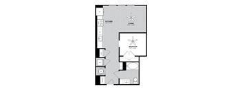 A floor plan of a living space with a kitchen and bedroom.