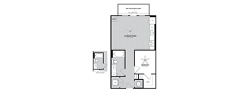 A floor plan of a living/kitchen area with a bedroom and a balcony.