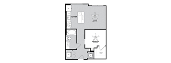A floor plan of a living space with a kitchen and a bedroom.