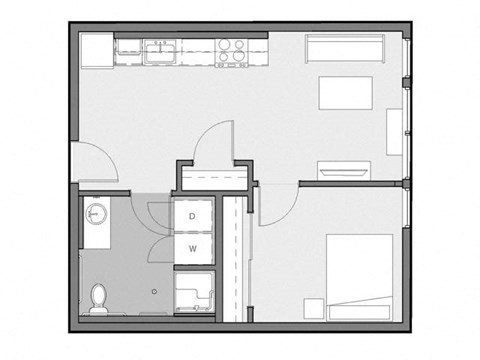 A floor plan of a room with labeled walls D and W.