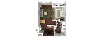 A top down view of a small apartment with a kitchen, living room, and bathroom.