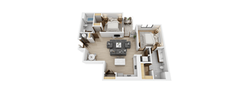 A top-down view of a modern, minimalist apartment layout.