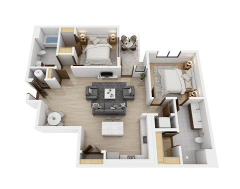 A top-down view of a modern, minimalist apartment layout.