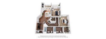 A 3D floor plan of a house with a kitchen, living room, and two bedrooms.