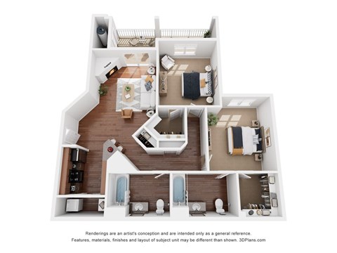 A 3D floor plan of a house with a kitchen, living room, and two bedrooms.