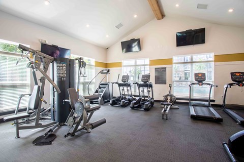 a gym with weights and cardio equipment in a room with windows
