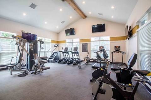 the gym is equipped with state of the art equipment including cardio machines and weights