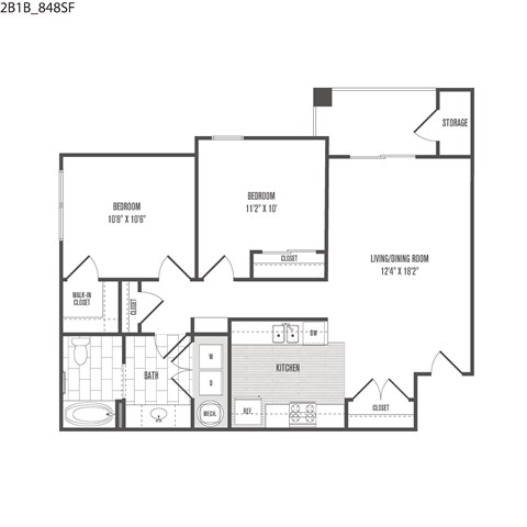 A floor plan of an apartment with a living room, two bedrooms, a bathroom, a kitchen, and a dining area.