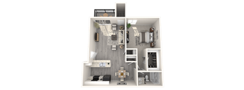 A 3D rendered image of a modern apartment layout.