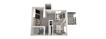 A 3D rendered image of a small apartment layout.