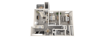 A 3D rendered image of a house layout.
