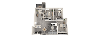A 3D model of a house with a kitchen, living room, and bathroom.