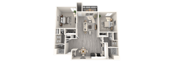 A 3D floor plan of a house with a kitchen, living room, and bathroom.