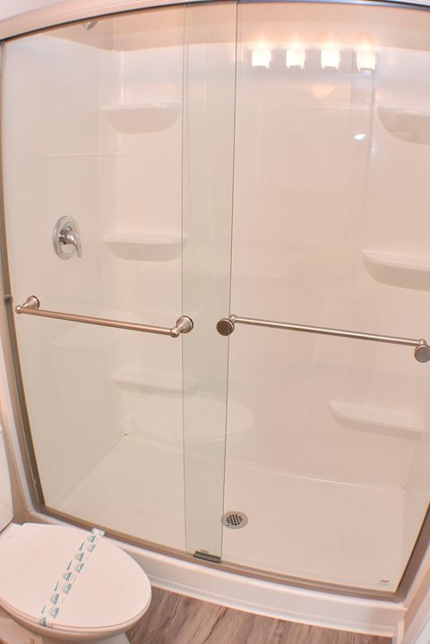 A white toilet with a glass shower door in front of it.