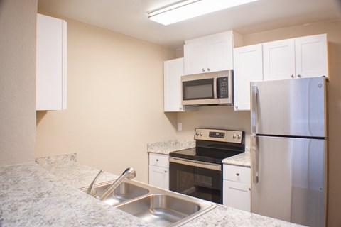 A kitchen with a sink, stove, oven, and refrigerator.