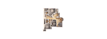 A 3D floor plan of a house with multiple rooms.