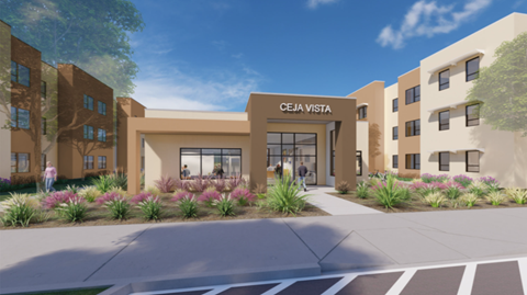 A rendering of a modern building entrance with the name "CEJA VISTA" on the facade.