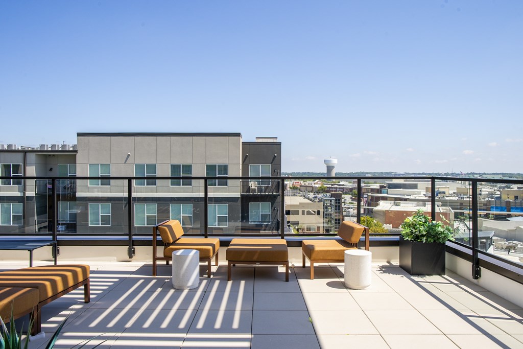 A rooftop patio with a bench, table, and potted plant.