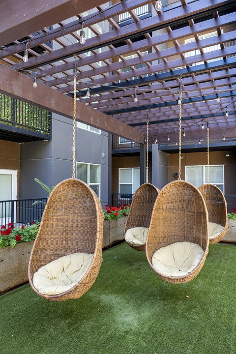 Four hanging wicker chairs are suspended from the ceiling.