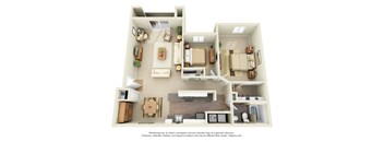 A 3D floor plan of a house with furniture and appliances.